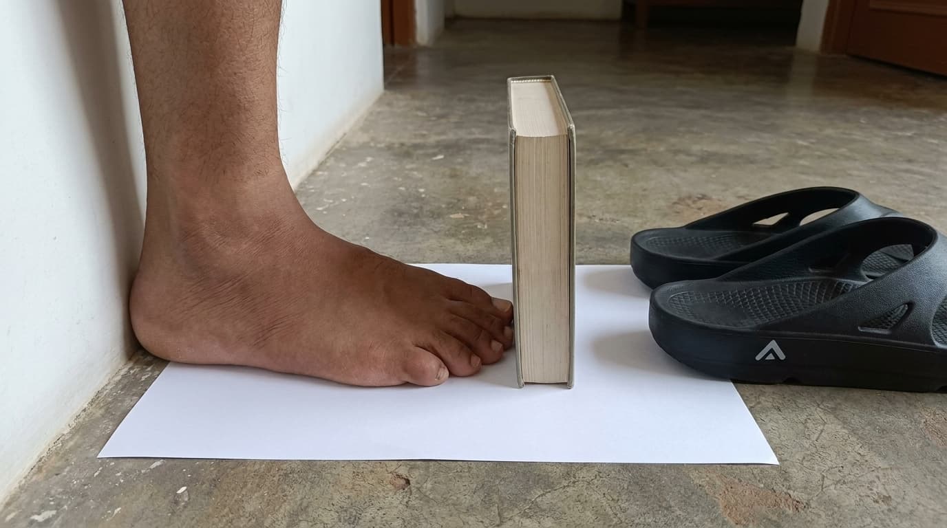 A bare foot standing flat on a sheet of paper against a wall, a book marking the length of the foot