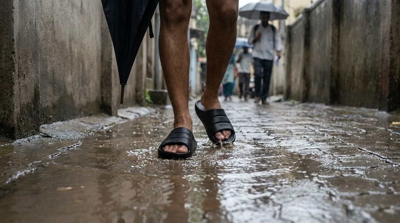 Someone with an umbrella stepping through a shallow puddle on a wet lane in black Fanture slides