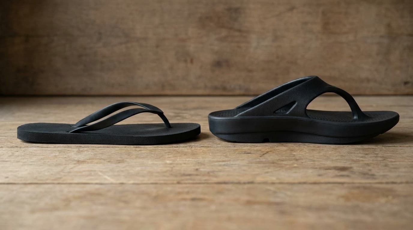 A thin plain rubber flip flop beside a black Fanture recovery flip flop, side on, showing the difference in sole thickness