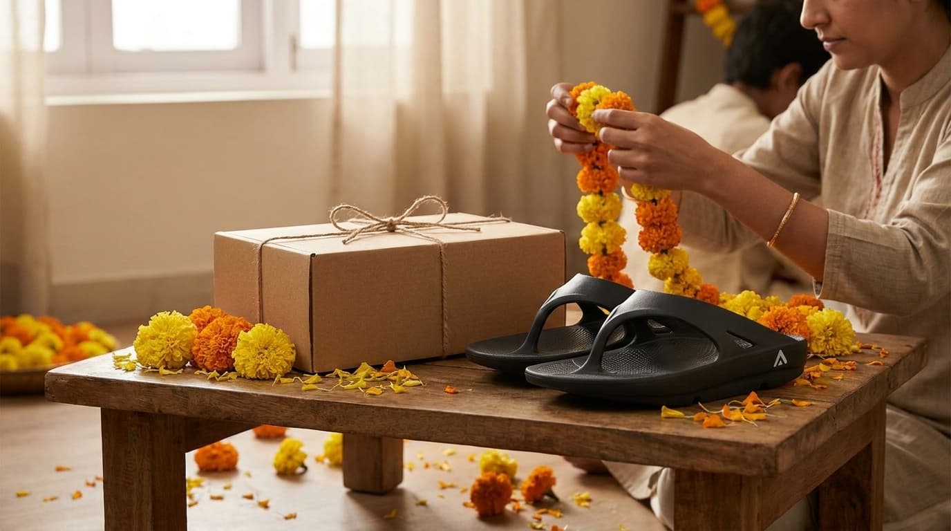A plain gift box tied with twine beside a pair of black Fanture flip flops and scattered marigold flowers