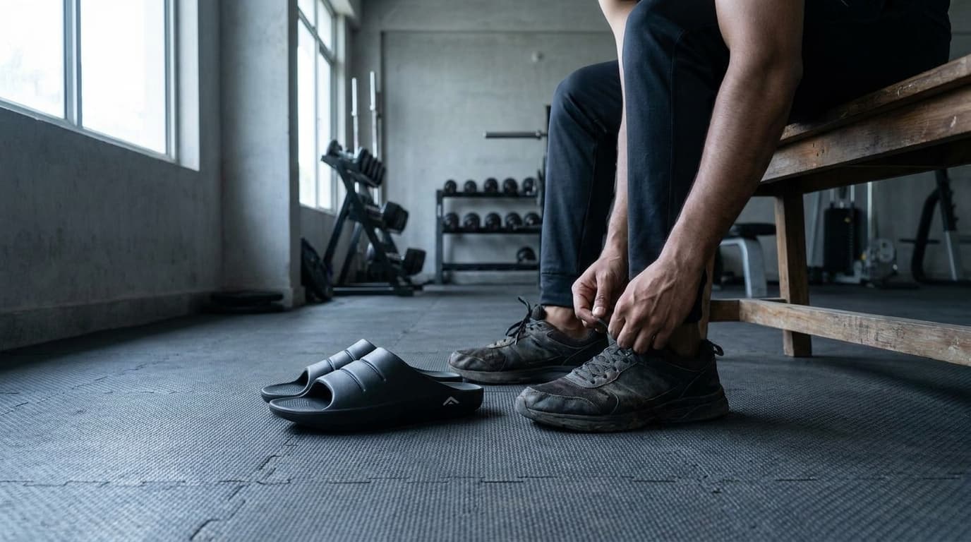 Someone on a gym bench unlacing trainers, a pair of black Fanture slides waiting on the floor in front of them