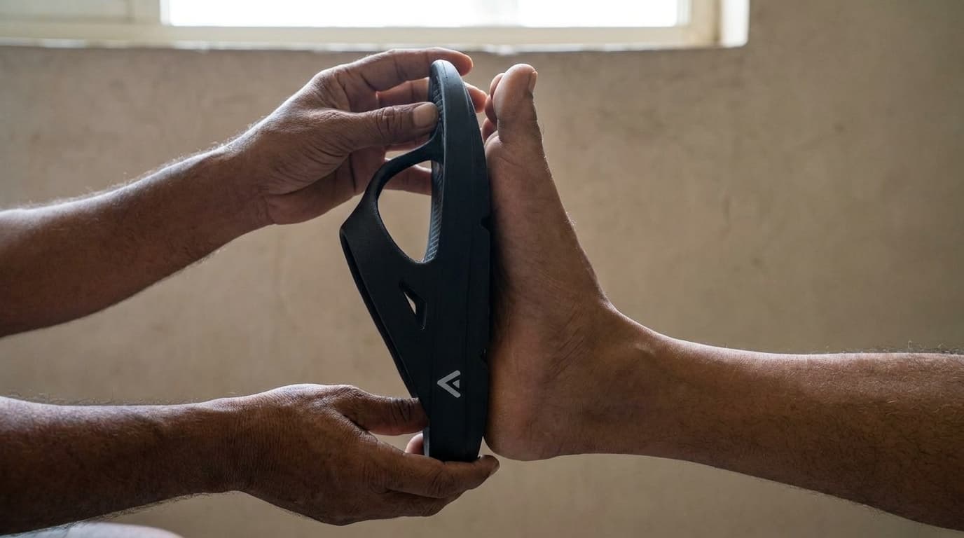 A black Fanture flip flop held sole to sole against the underside of a bare foot to compare length