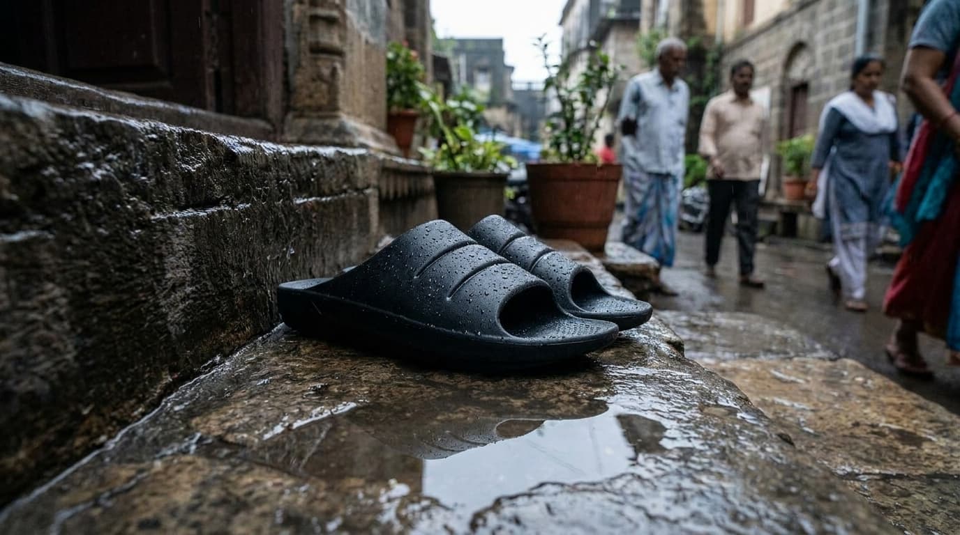 A pair of black Fanture slides on a wet stone doorstep after rain, droplets beaded across them