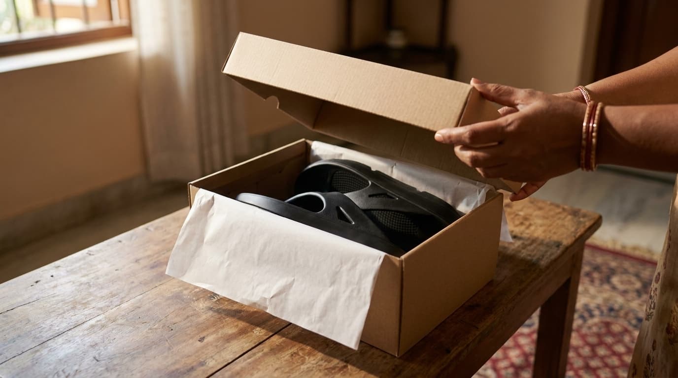Hands lifting the lid off a plain shoebox to find a pair of black Fanture flip flops in tissue