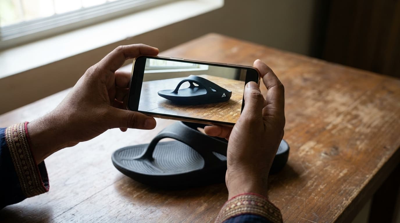 Hands photographing a black Fanture flip flop on a table with a phone, as if preparing a claim