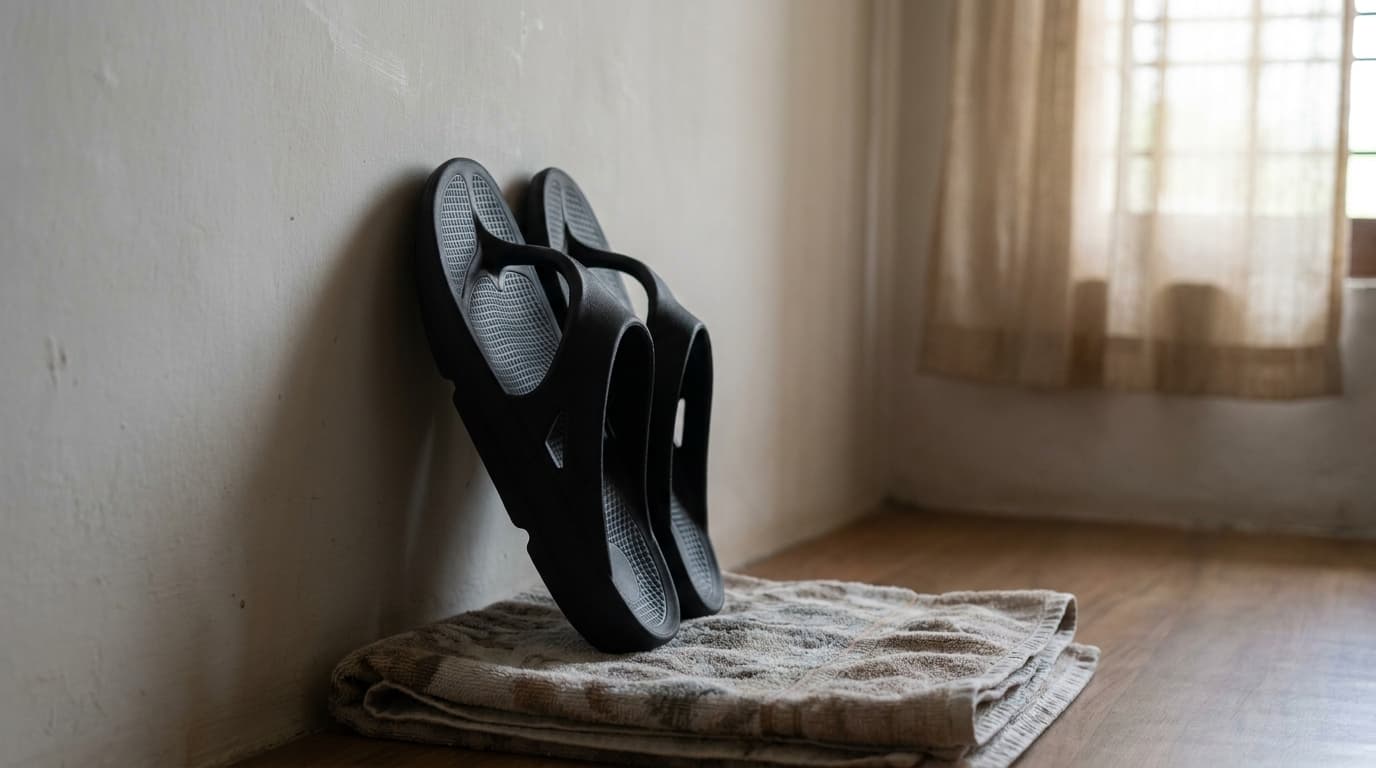 A pair of black Fanture flip flops propped upright on a folded towel to air-dry in the shade of a room, a curtained window behind