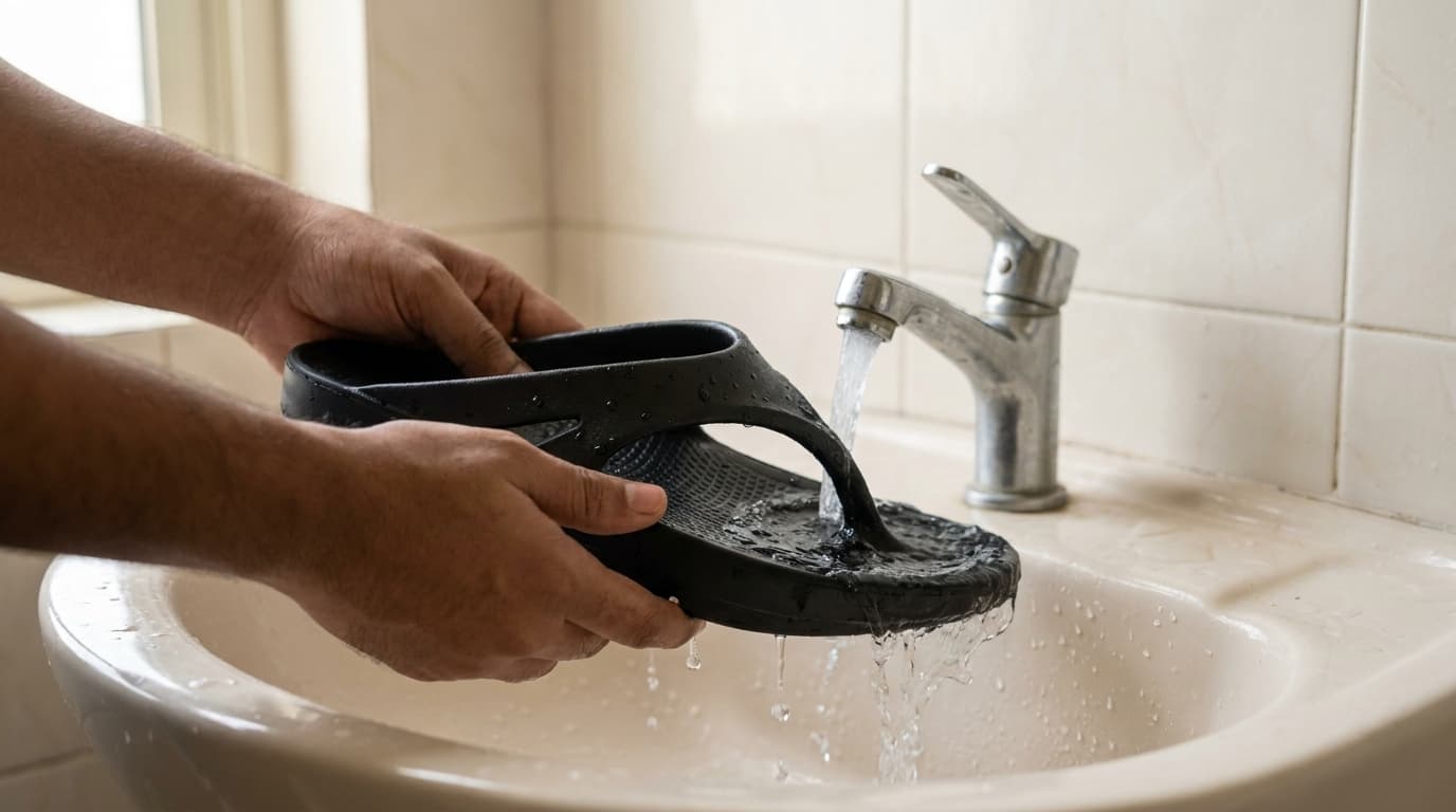 Hands rinsing a black Fanture flip flop under a cool running tap