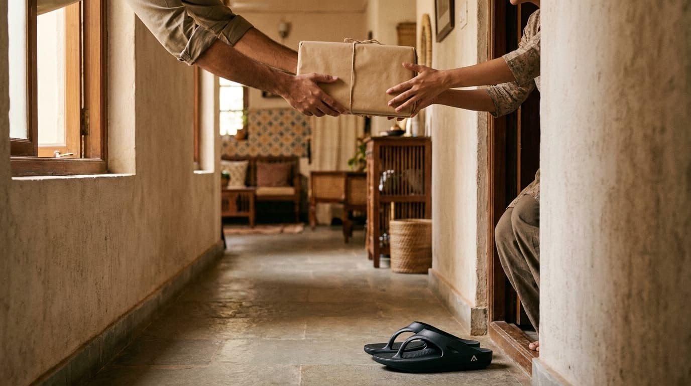 A courier handing a wrapped parcel to a customer at the door of an apartment, a pair of black Fanture flip flops just inside