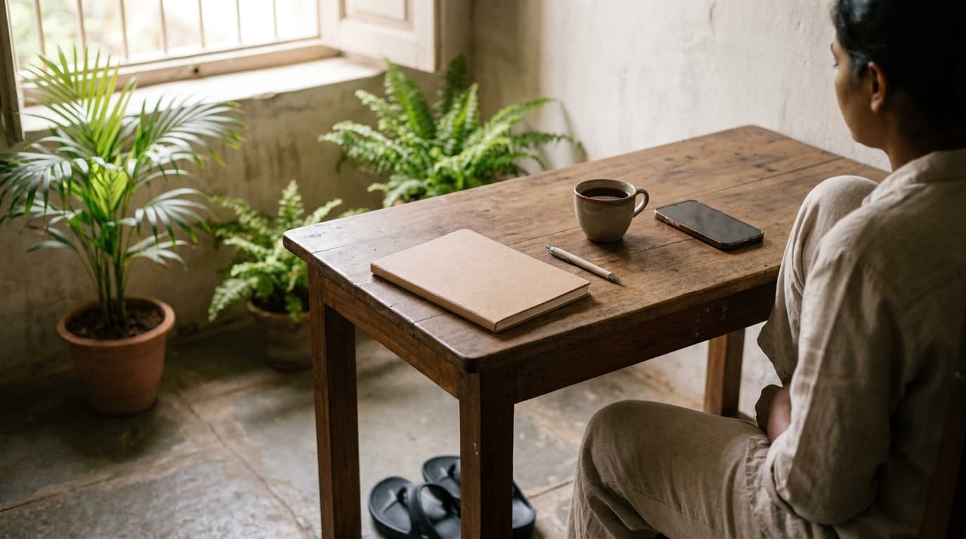 A wooden desk with a notebook, pen, tea and a phone in soft morning light, a pair of black Fanture flip flops on the floor beneath