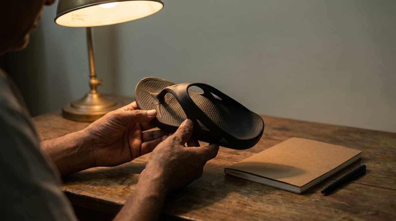 Hands turning a black Fanture flip flop over under a desk lamp to examine the sole and the join of the toe post