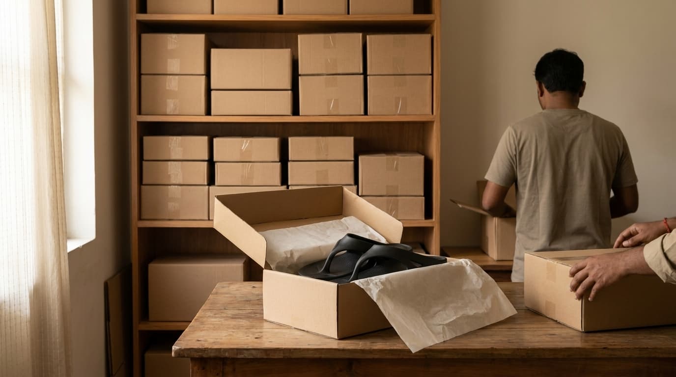 A small packing room with plain boxes stacked on shelves and a pair of black Fanture flip flops being packed in tissue