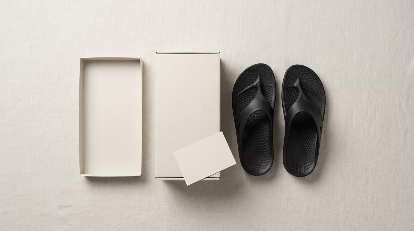 A plain shoebox with its lid beside it, a blank card, and a pair of black Fanture flip flops laid out on pale linen
