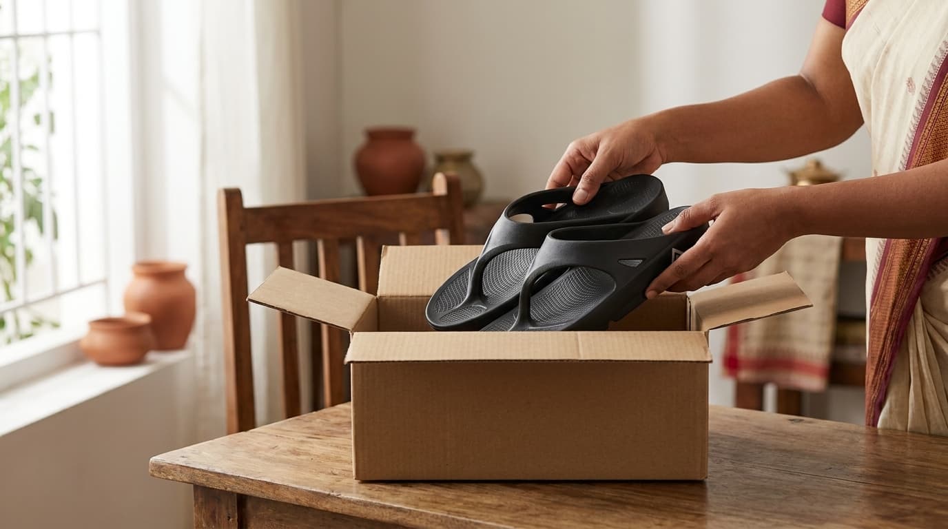 Two hands placing a pair of black Fanture flip flops into a plain kraft shipping box on a wooden table