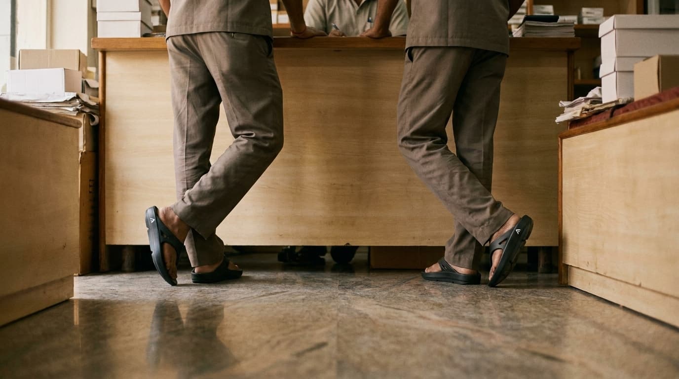 Two people in work uniforms standing behind a shop counter late in a shift, both wearing black Fanture recovery flip flops