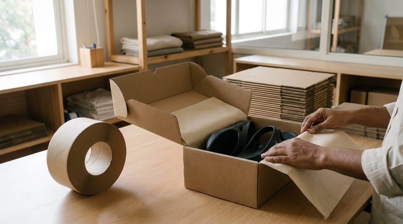 A pair of black Fanture flip flops being packed in tissue inside a plain kraft box on a tidy dispatch table