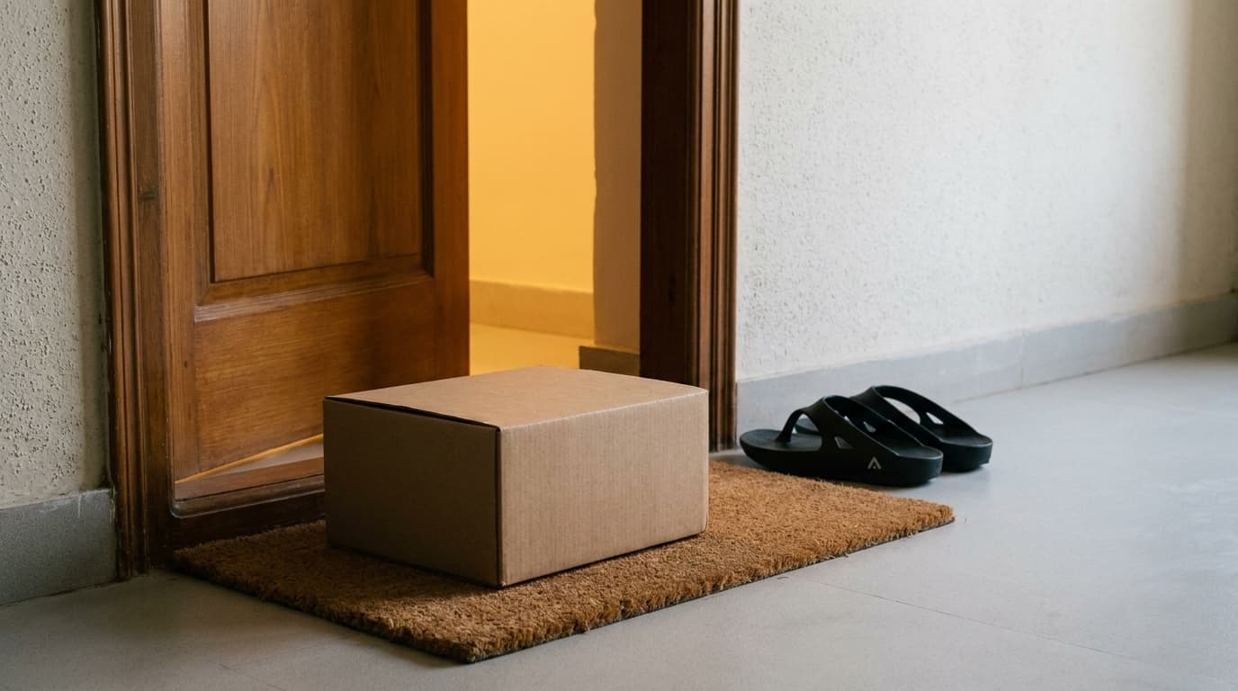 A plain parcel resting on a doormat in shade outside an apartment door, with a pair of black Fanture flip flops just inside