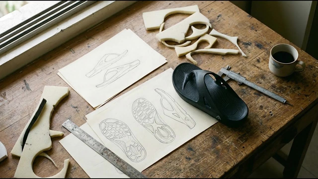 A hand sketching sole outlines in pencil at a design workbench in Surat, foam offcuts, a steel ruler, calipers and a finished black Fanture flip flop beside the drawings