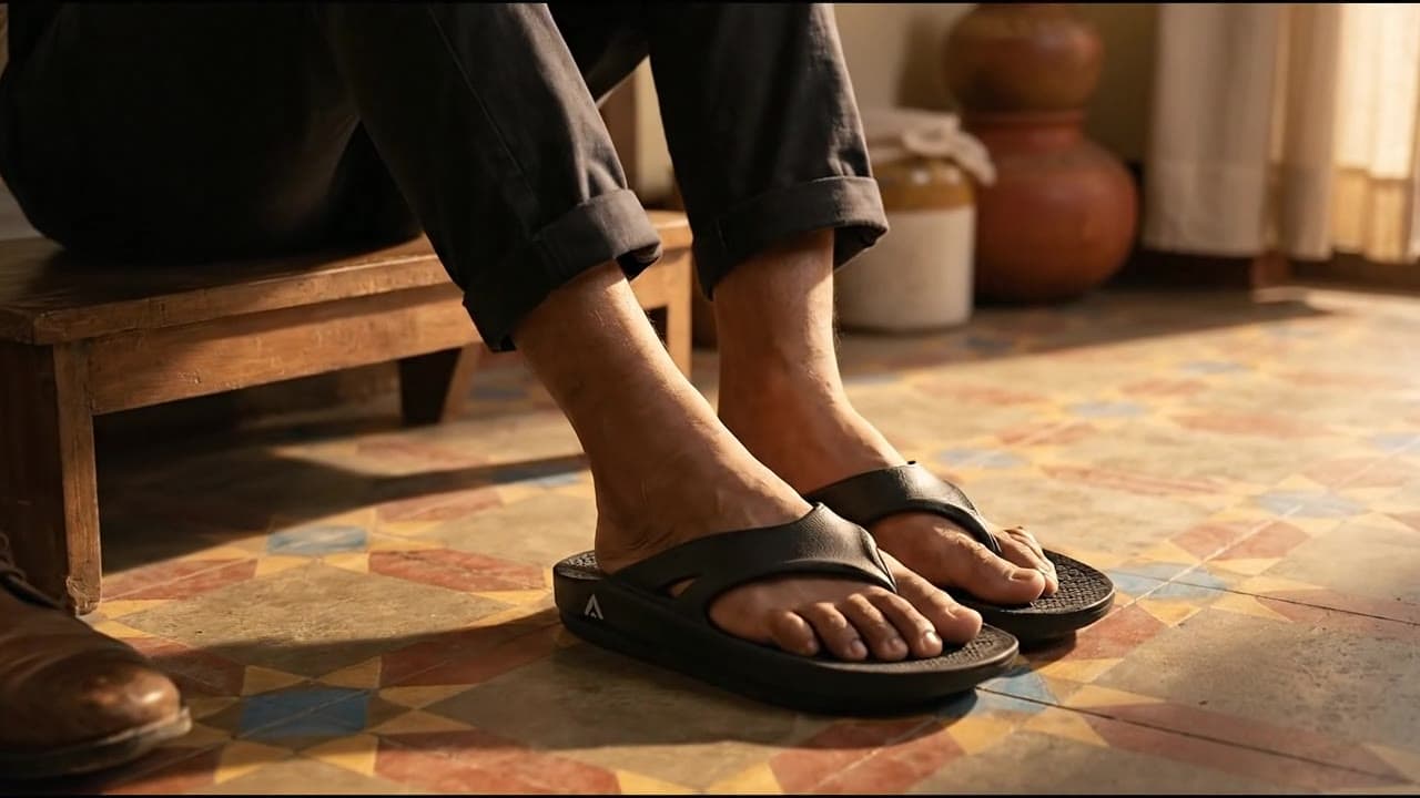 Someone at home at the end of a working day, work shoes set aside, settling their feet into a pair of black Fanture recovery flip flops