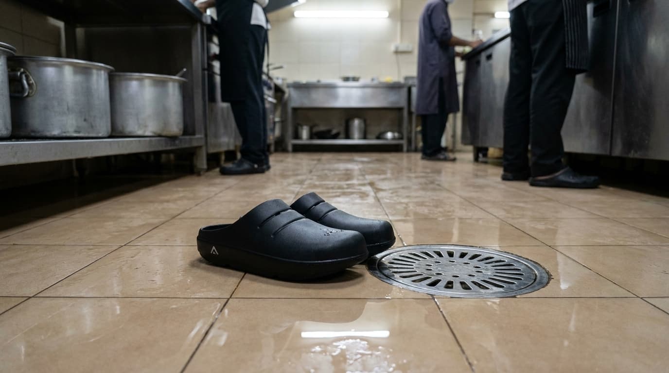 A pair of black Fanture clogs on wet kitchen tiles beside a stainless steel floor drain