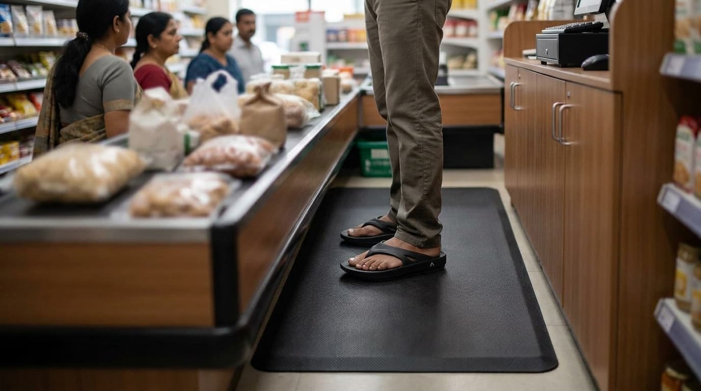 A cashier standing on an anti-fatigue mat behind a supermarket checkout, wearing black Fanture recovery flip flops