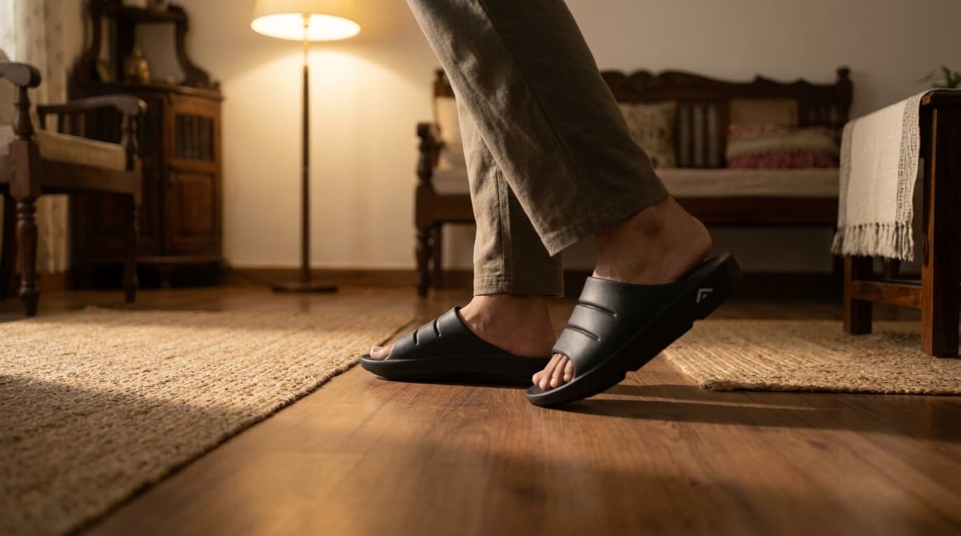 Someone walking slowly across a living room floor in black Fanture slides