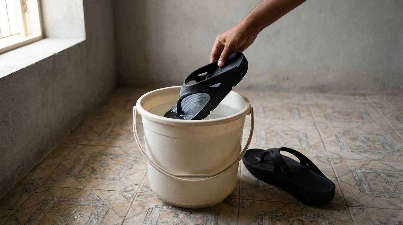 A pair of black Fanture flip flops being rinsed in a bucket of clear water on a bathroom floor