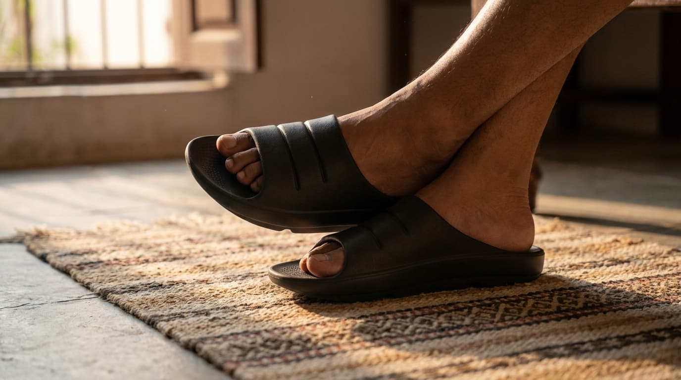 Two feet relaxing in black Fanture recovery slides, one resting lightly on the other, on a woven rug in evening light