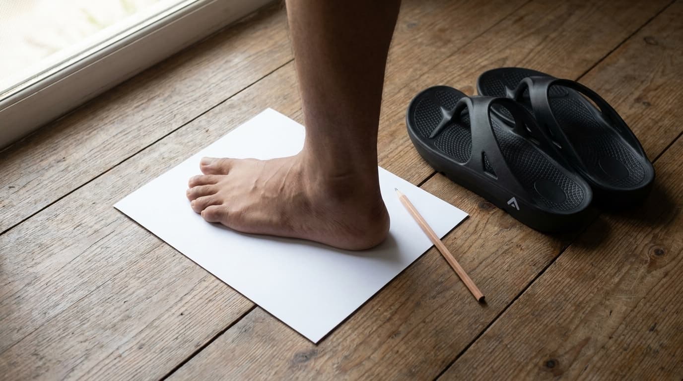 A bare foot standing on a plain sheet of paper with a pencil beside it, ready to trace its length, a pair of black Fanture flip flops set to one side