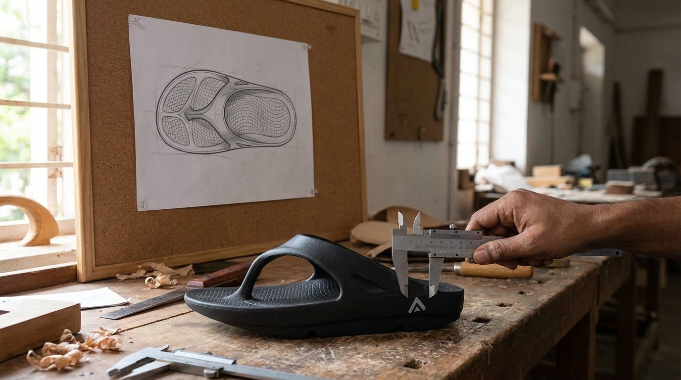 A hand measuring the sole of a black Fanture flip flop with steel calipers on a workbench, a pencil sketch of the sole outline pinned above