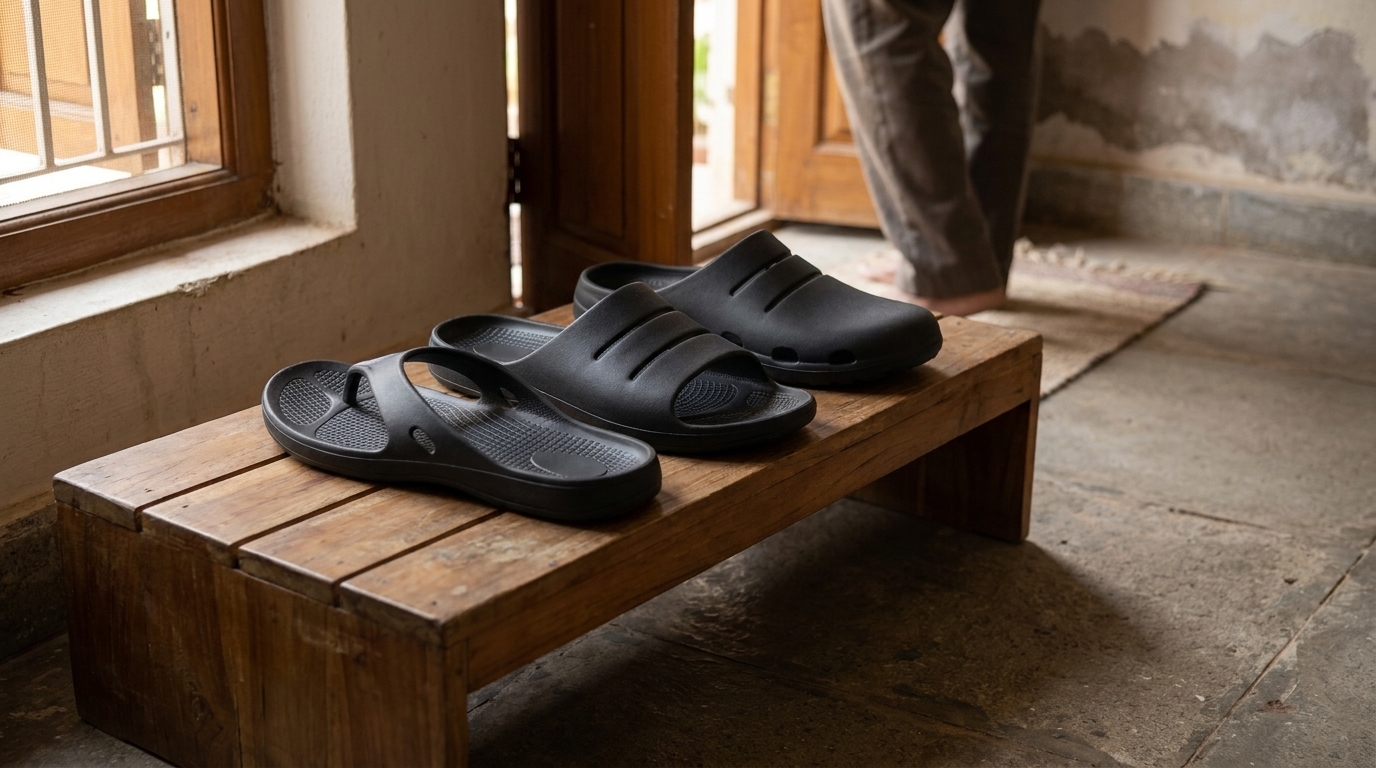 A black Fanture flip flop, slide and clog lined up on a low wooden shoe rack just inside a front door