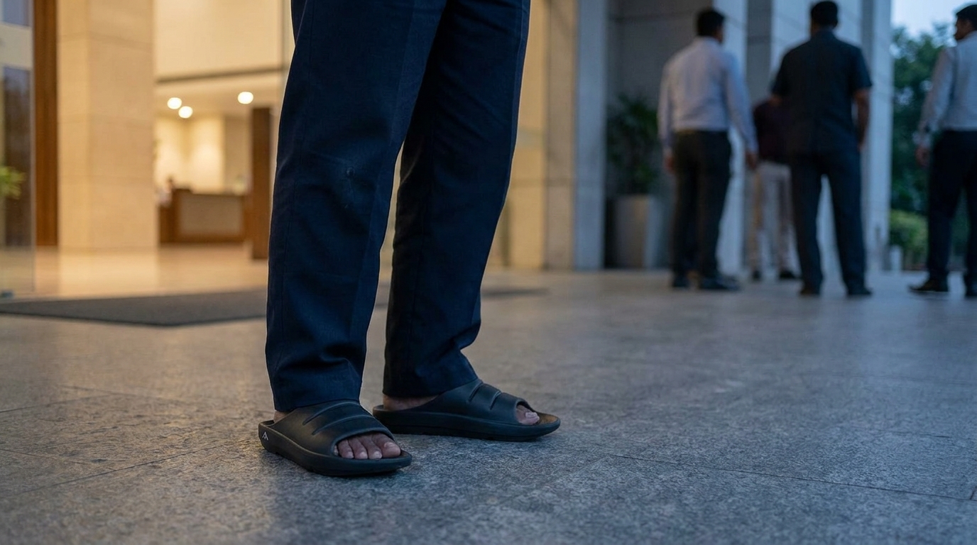 A security guard standing at a building entrance at dusk in black Fanture slides on a stone floor