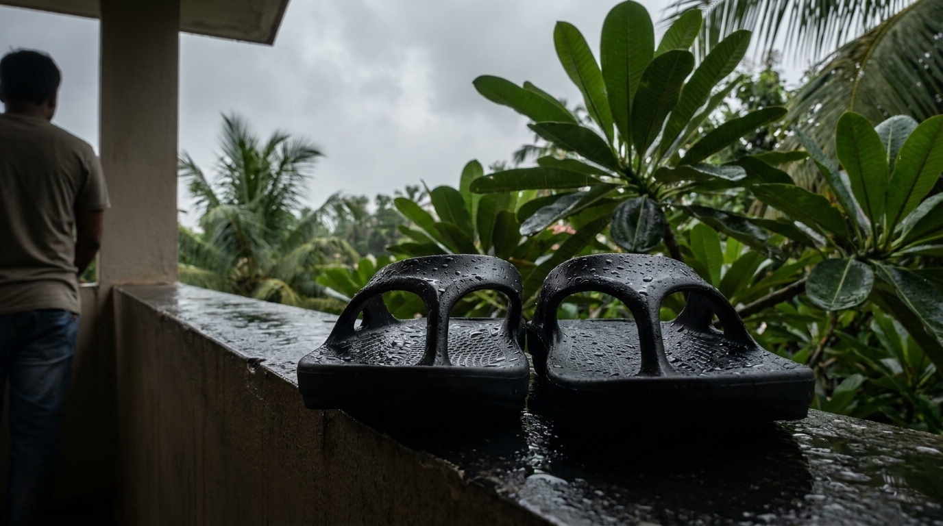 A pair of black Fanture flip flops on a shaded balcony ledge after rain, water droplets on them, wet plants behind