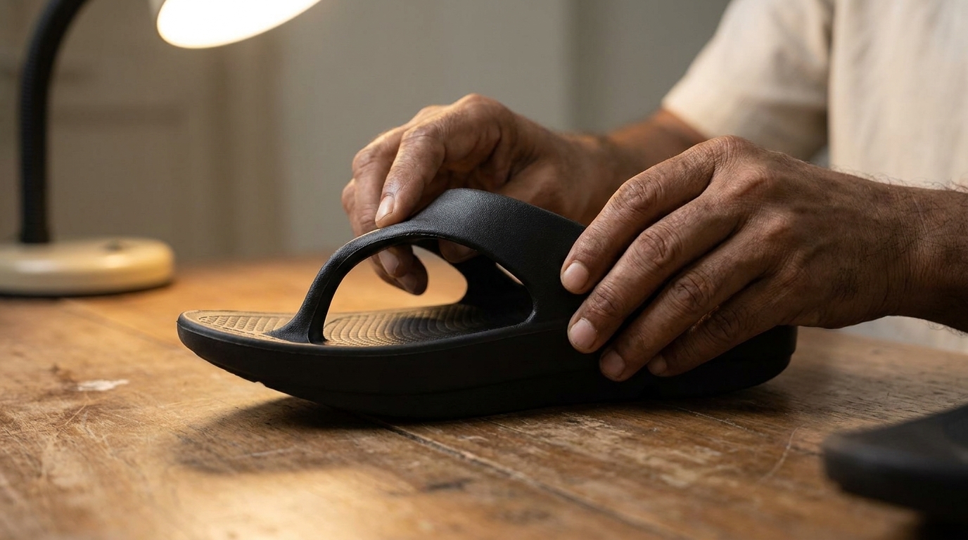 Two hands gently flexing the strap of a black Fanture flip flop where it meets the sole, checking the joint
