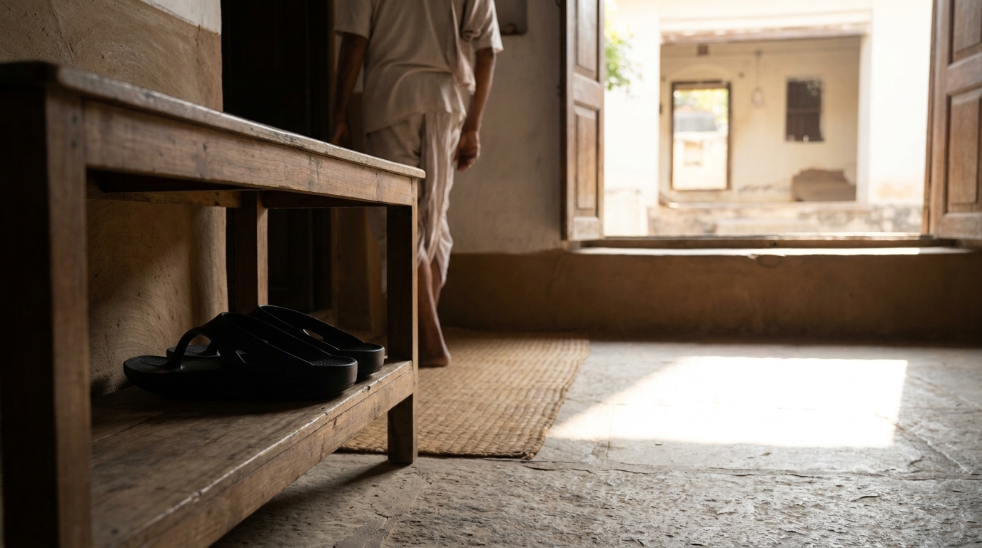 A pair of black Fanture flip flops kept on a shaded shelf, with sunlight from a window falling on the floor well away from them